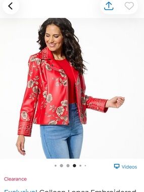 Colleen Lopez Red Floral Embroidered Leather Jacket